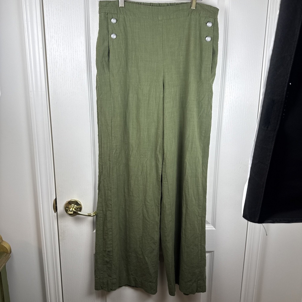 GLG Good Luck Gem Wide Leg Pants Sz XL Olive Green Textured Linen Look Boho